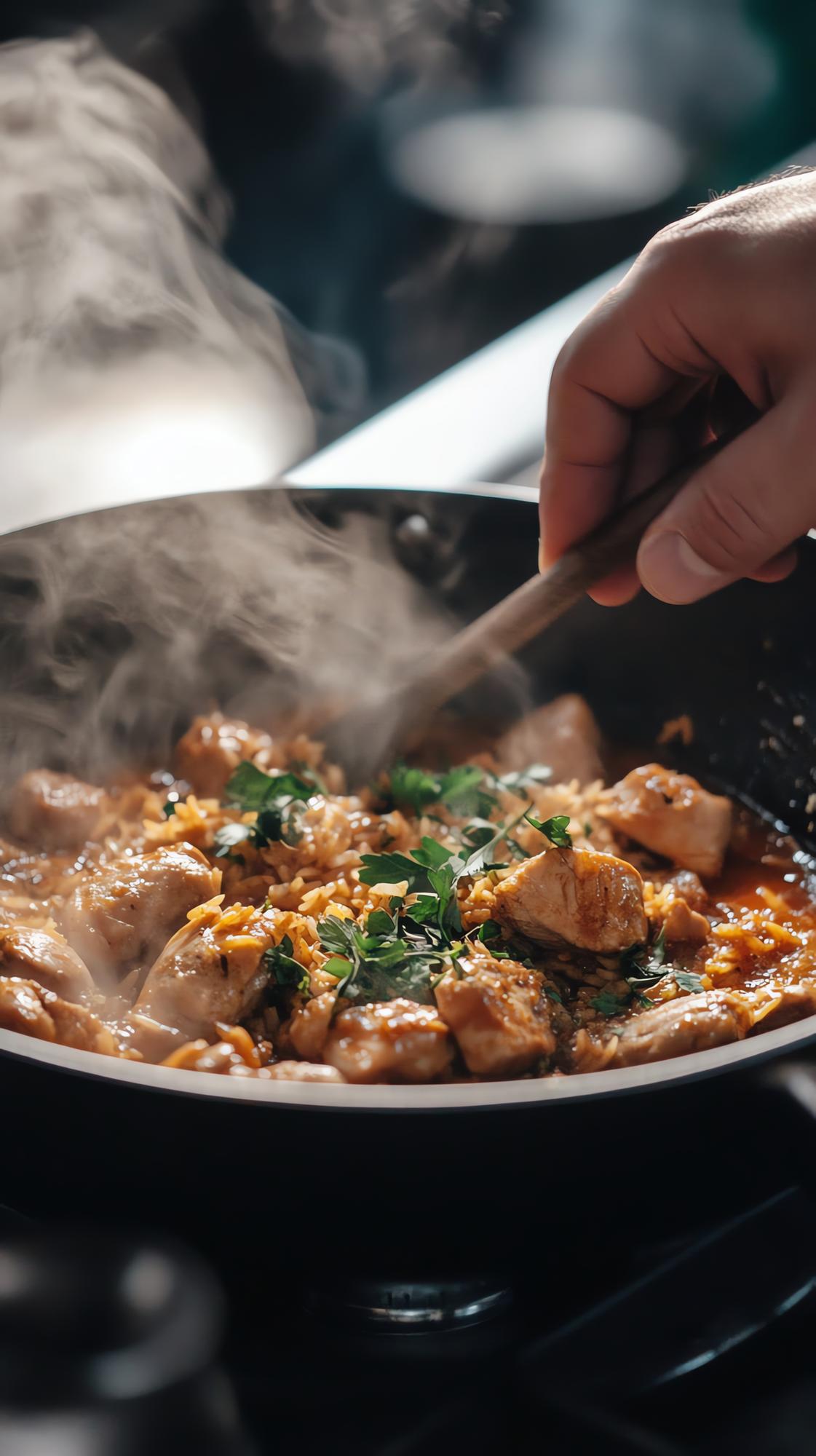 Close-up of seared protein on skillet